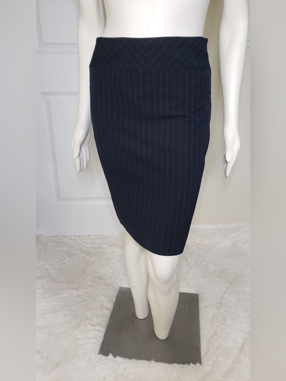 ANTONIO MELANI Navy Pinstripe High-Waist Pencil Skirt